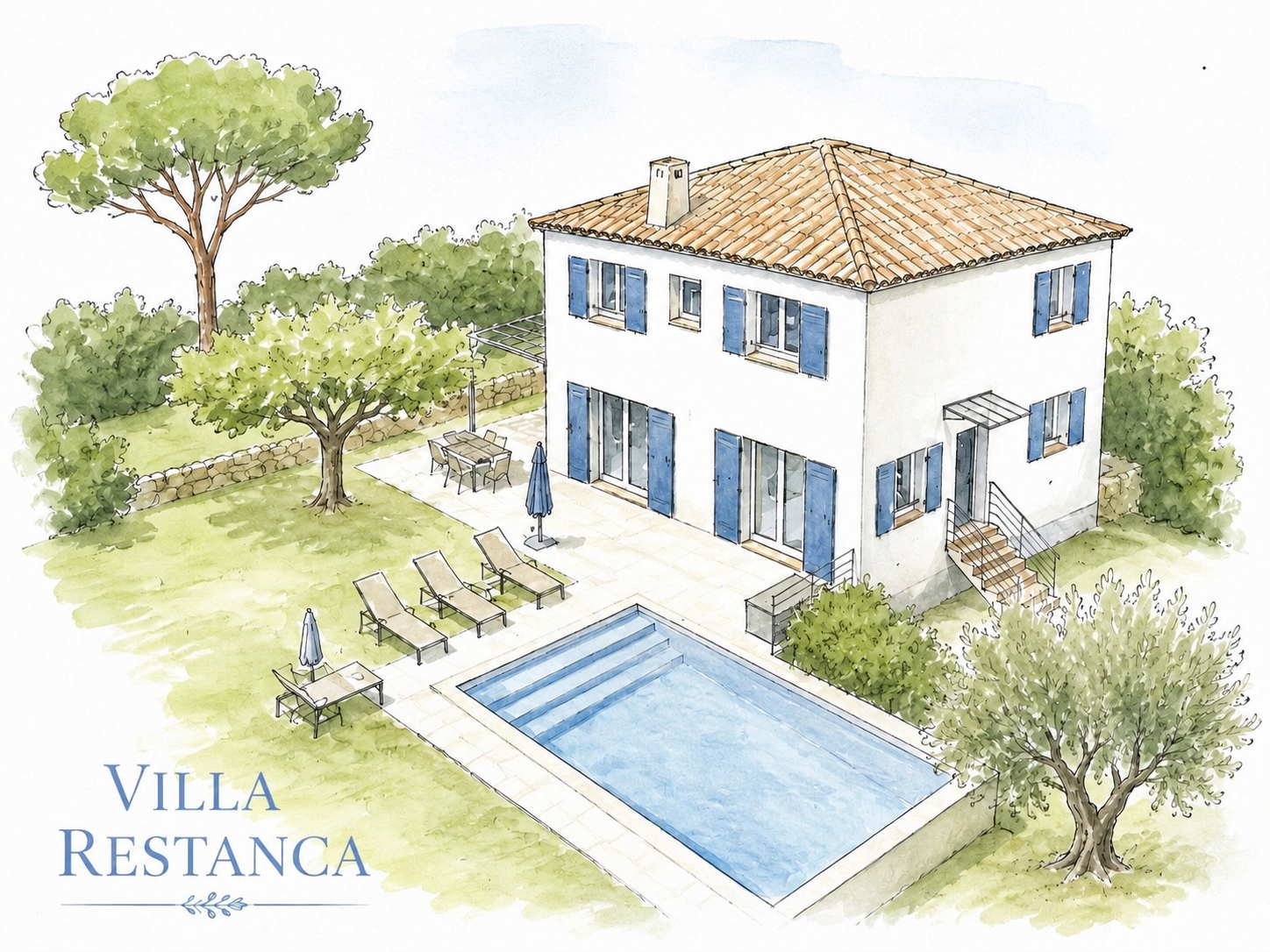 Aquarelle de la Villa Restanca, sa piscine et son jardin